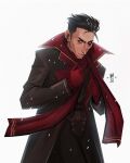  1boy absurdres arcane:_league_of_legends artist_name bangs black_hair black_sclera brown_coat brown_pants closed_mouth coat colored_sclera gloves grey_hair heterochromia highres league_of_legends looking_at_viewer multicolored_hair nina_kunze pants red_gloves red_scarf scar scar_across_eye scarf short_hair silco_(arcane) smile snow snowing solo two-tone_hair undercut 