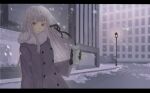  1girl alternate_costume bangs black_gloves black_ribbon braid building buttons city coat cup danganronpa:_trigger_happy_havoc danganronpa_(series) disposable_cup double-breasted eyebrows_visible_through_hair fur_collar gloves grey_coat hair_ribbon highres holding kirigiri_kyouko letterboxed long_hair long_sleeves outdoors purple_eyes ribbon road snow snowing solo street upper_body winter_clothes winter_coat yoru_(yorusumire) 