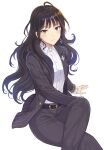  1girl ahoge belt black_hair breasts brown_eyes closed_mouth collared_shirt crossed_legs earrings formal frills jewelry kashimoto_riko lapel_pin long_hair long_sleeves looking_at_viewer medium_breasts pants pinstripe_pattern pinstripe_suit shirt shirt_tucked_in simple_background sitting smile solo striped suit tomozo_kaoru tsurime umamusume wavy_hair white_background 