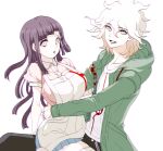  1boy 1girl :d :o apron bangs black_hair breasts brown_hair danganronpa_(series) danganronpa_2:_goodbye_despair dosugon eyebrows_visible_through_hair green_jacket grey_eyes hair_between_eyes hetero hood hood_down hug jacket komaeda_nagito large_breasts long_hair long_sleeves lower_teeth miniskirt multicolored_hair pink_shirt pleated_skirt print_shirt shirt sitting skirt smile teeth tsumiki_mikan two-tone_hair white_apron white_shirt 