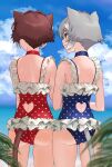  2girls absurdres animal_ears ass bare_arms bare_shoulders blue_choker blue_sky blue_swimsuit blush brown_eyes brown_hair casual_one-piece_swimsuit cat_ears cat_girl cat_tail choker closed_mouth clothing_cutout cloud cowboy_shot day frilled_swimsuit frills heart_cutout highres kirarin369 multicolored_hair multiple_girls ocean one-piece_swimsuit outdoors polka_dot polka_dot_swimsuit red_choker red_swimsuit short_hair silver_hair sky swimsuit tail tail_through_clothes two-tone_hair white_hair 