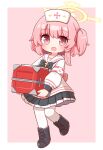  1girl :d black_bow black_bowtie black_footwear blue_archive boots border bow bowtie box dress full_body halo hat highres holding holding_box long_sleeves looking_at_viewer naga_u nurse nurse_cap open_mouth pink_background pink_eyes pink_hair sailor_collar serina_(blue_archive) short_hair side_ponytail simple_background smile solo thighhighs white_border white_dress white_legwear 