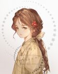  1girl artist_name bangs bow brown_bow brown_dress brown_hair closed_mouth dress flower from_side grey_background hair_bow hair_flower hair_ornament highres long_hair long_sleeves looking_at_viewer original orry ponytail red_flower solo star_(symbol) watermark 