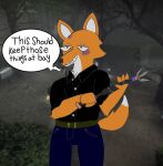  anthro bottomwear bruised canid canine claws clothing cursed_image denim denim_clothing digital_media_(artwork) dress_shirt fox hi_res humor jeans male mammal neck_tuft pants phant0mhat raised_tail shirt sketch smile smug solo speech_bubble text topwear tuft video_games weapon 