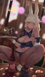  1girl animal_ears artist_name black_bow black_bowtie blonde_hair blonde_pubic_hair blue_eyes blue_footwear blurry blurry_background bottle bow bowtie breasts closed_mouth coin commentary cup drinking_glass english_commentary female_pubic_hair final_fantasy final_fantasy_xiv fishnet_legwear fishnets hair_over_one_eye highres holding holding_plate jmori44 lips looking_at_viewer medium_breasts mole mole_under_mouth nipples plate playboy_bunny pubic_hair rabbit_ears rabbit_tail shoes solo squatting tail viera 