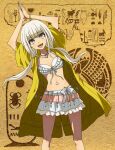  1girl :d alternate_skin_color arms_up bangs bikini bracelet brown_background collarbone danganronpa_(series) danganronpa_v3:_killing_harmony dosugon egyptian eyebrows_visible_through_hair feet_out_of_frame frilled_bikini frilled_skirt frills jacket jewelry long_hair navel own_hands_together shell_necklace skirt smile swimsuit tongue twintails white_bikini yellow_jacket yonaga_angie 