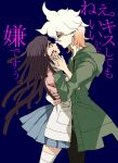  1boy 1girl apron bandaged_leg bandages bangs black_hair blue_background brown_hair brown_pants danganronpa_(series) danganronpa_2:_goodbye_despair dosugon eye_contact from_side green_jacket hetero hood hood_down jacket komaeda_nagito long_hair long_sleeves looking_at_another multicolored_hair nail_polish pants pink_shirt pleated_skirt red_nails shirt simple_background skirt translation_request tsumiki_mikan two-tone_hair 