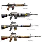  absurdres assault_rifle asterozoa commentary concept_art english_commentary english_text fallout_(series) fallout_new_vegas grenade_launcher gun highres latin_text no_humans rifle scope service_weapon simple_background underbarrel_grenade_launcher weapon white_background 