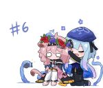  1boy 1girl :d animal_ears arknights black_gloves black_hairband black_pants black_shirt blue_cape blue_flower blue_hair blue_headwear blue_neckerchief blush cape cat_ears cat_girl cat_tail chibi closed_eyes coat commentary creator_connection crying elbow_gloves english_commentary fish flower full_body gloves goldenglow_(arknights) gradient_hair hairband hands_on_own_knees head_wreath kneeling kurotofu lightning_bolt_print long_sleeves mizuki_(arknights) multicolored_hair neckerchief o_o open_clothes open_coat open_mouth pants pink_coat purple_hair red_flower shirt simple_background sitting smile tail tentacles thighhighs white_background white_legwear 