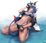  1girl abs arknights arm_up artist_name bag bangs bare_shoulders baseball_cap bikini black_footwear black_gloves black_jacket blue_bikini blue_hair breasts ch&#039;en_(arknights) ch&#039;en_the_holungday_(arknights) cleavage collarbone eyebrows_visible_through_hair fingerless_gloves gloves hat highres horns horns_through_headwear jacket kneeling large_breasts leaning_back long_hair long_sleeves navel nephlite notice_lines open_clothes open_jacket parted_lips red_eyes shallow_water sidelocks simple_background smile solo stomach swimsuit thighs underboob water white_background white_headwear 