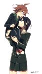  1boy 1girl :o aoki_shizumi bangs black_hair black_jacket black_pants brown_hair collared_shirt danganronpa:_trigger_happy_havoc danganronpa_(series) flying_sweatdrops green_jacket green_skirt hand_tattoo holding_person ikusaba_mukuro jacket long_sleeves looking_up medium_hair miniskirt naegi_makoto pants shirt short_hair skirt translation_request 