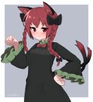  1girl animal_ear_fluff animal_ears bangs black_bow blue_background blush border bow bowtie braid breasts cat_ears cat_tail cowboy_shot dress eyebrows_visible_through_hair fang fang_out frills green_dress hair_bow hair_ribbon hand_on_hip hand_up highres kaenbyou_rin long_hair looking_at_viewer medium_breasts multiple_tails nekomata outside_border paw_pose red_bow red_bowtie red_eyes red_hair ribbon simple_background slit_pupils solo tail topadori touhou tress_ribbon twin_braids twintails two_tails white_border wide_sleeves 