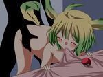  ahoge animal_ears bed_sheet bent_over blonde_hair blush breasts closed_eyes cum cum_in_pussy cumdrip doggystyle eyes_closed flat_chest green_hair leaf leafeon mouth_hold multicolored_hair nom nude personification poke_ball pokeball pokemon sex sheet sheet_biting sheet_grab short_hair tail tears two-tone_hair 