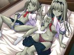  2girls arm_support artist_request bed breasts censored feet footwear grope groping hair_ribbon image_manipulation long_hair lying mosaic_censoring multiple_girls nipples panties panties_aside petrification photoshop ribbon school_uniform schoolgirl schoolgirls serafuku skirt smile socks source_request stone twintails underwear 