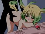  ahoge animal_ears bed_sheet bent_over blonde_hair blush breasts brown_eyes cum cum_in_pussy cumdrip doggystyle flat_chest green_hair leaf leafeon multicolored_hair nipples nude open_mouth personification poke_ball pokeball pokemon saliva sex sheet short_hair tail tears two-tone_hair 