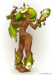  amalia armpits bare_shoulders barefoot blush bracelet breasts brown_eyes cleavage dark_skin doll flower green_hair hair_ornament jewelry leaves naked needle nude nude_filter pussy simple_background skull solo stick thorns uncensored wakfu 