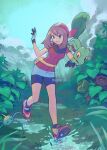  1girl bandana bangs bike_shorts brown_hair day eyelashes gloves grass grey_eyes highres kecleon leaf may_(pokemon) medium_hair miyaulait outdoors parted_lips pokemon pokemon_(creature) pokemon_(game) pokemon_rse puddle red_bandana red_footwear red_shirt shirt shoes short_sleeves signature skirt smile standing surskit treecko water watermark zigzagoon 