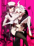  1boy 1girl :d bandaged_arm bandaged_leg bandages bangs brown_legwear chain chained chair collar danganronpa_(series) danganronpa_3_(anime) dosugon eyebrows_visible_through_hair hair_between_eyes hat high_heels komaeda_nagito messy_hair metal_collar mole mole_under_eye nurse nurse_cap panties pink_background red_eyes red_footwear servant_(danganronpa) short_sleeves sitting skindentation smile thighhighs tongue tongue_out tsumiki_mikan underwear white_panties 