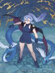  1girl bangs black_cape blue_bodysuit blue_footwear blue_gloves bodysuit breasts cape clair_(pokemon) clenched_hand closed_mouth dragonair earrings eyelashes floating_hair full_body gloves grey_eyes hair_between_eyes highres jewelry knees miyaulait pokemon pokemon_(creature) pokemon_(game) pokemon_gsc ponytail shoes smile standing symbol-only_commentary tied_hair 