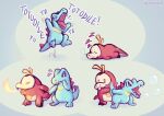  ambiguous_gender anthro blue_body bubble crocodile crocodilian crocodylid fire fuecoco group hi_res jumping nemugon nintendo open_mouth pok&eacute;mon pok&eacute;mon_(species) red_body reptile scalie sleeping solo text totodile video_games 