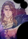  1boy black_nails brown_hair earrings headband heart jewelry jojo_no_kimyou_na_bouken leotard long_hair male_focus purple_eyes solo stardust_crusaders tanakaoften vanilla_ice 