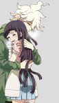  1boy 1girl apron bandaged_arm bandages bangs black_hair blue_skirt blush cowboy_shot danganronpa_(series) danganronpa_2:_goodbye_despair dosugon green_jacket grey_background hug jacket komaeda_nagito long_hair long_sleeves mole mole_under_eye pink_shirt pleated_skirt puffy_short_sleeves puffy_sleeves shirt short_sleeves simple_background skirt smile tsumiki_mikan 