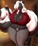  alcohol angelica_babino_(lildredre) anthro beverage big_breasts blyzzarde breasts cleavage clothed clothing crop_top curvy_figure english_text female fluffy fluffy_tail hair hair_over_eye hi_res huge_breasts mammal mephitid nipple_outline one_eye_obstructed shirt skunk solo text topwear wine 