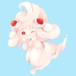  26tumugi ;) alcremie alcremie_(strawberry_sweet) blue_background closed_mouth commentary_request hands_up highres looking_at_viewer no_humans one_eye_closed pokemon pokemon_(creature) simple_background smile solo 