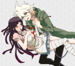  1boy 1girl :d apron bandaged_leg bandages bangs black_hair blush breasts chain danganronpa_(series) danganronpa_2:_goodbye_despair dosugon eyebrows_visible_through_hair feet_out_of_frame green_jacket grey_background holding_hands hood hood_down hooded_jacket jacket komaeda_nagito large_breasts long_hair miniskirt open_clothes open_jacket open_mouth pink_shirt pleated_skirt print_shirt shirt simple_background skirt smile teeth tsumiki_mikan upper_teeth 