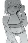  1boy adjusting_hair androgynous arm_support blush bra bulge check_commentary collarbone commentary_request copyright_request covered_nipples detached_sleeves eyebrows_behind_hair greyscale hand_up kneeling looking_at_viewer male_focus midriff monochrome navel otoko_no_ko panties short_hair simple_background solo sunaba_(nczd5875) tongue tongue_out underwear white_background 