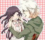  1boy 1girl :d apron bangs black_hair breasts brown_hair cheek_pull collared_shirt danganronpa_(series) danganronpa_2:_goodbye_despair dosugon eye_contact green_jacket grey_hair hood hood_down jacket komaeda_nagito large_breasts long_hair looking_at_another mole mole_under_eye multicolored_hair pink_shirt plaid plaid_background red_background shirt short_sleeves smile tearing_up teeth tsumiki_mikan two-tone_hair upper_body upper_teeth white_background 