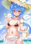  1girl bangs basket bikini black_bikini blue_hair blush bracelet breasts cloud collarbone day eating_flower ehart eyebrows_visible_through_hair flower flower_on_head ganyu_(genshin_impact) genshin_impact hat highres holding holding_flower horns jewelry long_hair looking_at_viewer medium_breasts multicolored_eyes navel ocean outdoors petals_in_mouth purple_eyes qingxin_flower sidelocks solo standing straw_hat swimsuit white_flower 