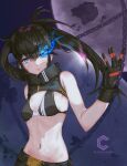  1girl asymmetrical_hair bangs bikini bikini_top_only black_bikini black_gloves black_hair black_rock_shooter black_rock_shooter_(character) black_rock_shooter_(dawn_fall) blue_eyes breasts chain cleavage closed_mouth dated eyebrows_visible_through_hair flaming_eye floating_hair gloves hair_between_eyes highres long_hair looking_at_viewer midriff navel shiny shiny_hair small_breasts solo stomach swimsuit twintails yan_guang_aoxiang 