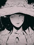  1girl closed_mouth elden_ring extra_faces greyscale halftone hat highres koyorin light_smile looking_at_viewer monochrome one_eye_closed portrait ranni_the_witch solo witch_hat 