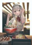  1girl absurdres blurry blurry_background bowl buttons character_request chopsticks collared_shirt copyright_request eating egg food hair_between_eyes hand_in_hair hands_up highres holding holding_chopsticks indoors neck_ribbon noodles open_mouth red_ribbon ribbon school_uniform shirt short_hair short_sleeves sidelocks silver_hair skirt solo takubon white_hair white_shirt 