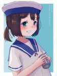  1girl black_hair blue_eyes blue_sailor_collar bob_cut commentary_request daitou_(kancolle) depth_charge dress grin haruka_faraway716 hat high_ponytail highres kantai_collection looking_at_viewer one-hour_drawing_challenge sailor_collar sailor_dress sailor_hat short_hair short_sleeves sidelocks smile solo upper_body white_dress white_headwear 