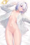  1girl :o absurdres amane_kanata bangs bed_sheet blue_eyes blue_hair blush breasts collarbone covering covering_crotch eyebrows_visible_through_hair from_above halo_removed highres hololive long_sleeves looking_at_viewer lying moubokobokodayo multicolored_hair naked_shirt navel no_humans no_panties on_back on_bed open_clothes open_shirt parted_lips pink_hair sheet_grab shirt short_hair silver_hair small_breasts solo stomach streaked_hair white_shirt 