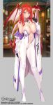  1girl artist_name blue_eyes breasts callen_(evertale) copyright_name dragon_girl evertale highres labcoat large_breasts long_hair looking_at_viewer navel no_bra official_art open_clothes pointy_ears popqn red_hair solo 