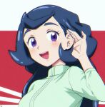  1girl :d bangs black_hair blush chrysa_(pokemon) commentary_request eyelashes green_shirt hair_behind_ear hand_up long_hair looking_at_viewer matsuno_opa open_mouth pokemon pokemon_(anime) pokemon_swsh_(anime) purple_eyes shirt smile solo teeth tongue two-tone_background upper_body upper_teeth 