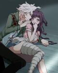  1boy 1girl apron bandaged_leg bandages bandaid bandaid_on_knee bandaid_on_leg bangs black_hair black_pants blush breasts danganronpa_(series) danganronpa_2:_goodbye_despair dosugon feet_out_of_frame green_jacket green_skirt hand_up hetero jacket komaeda_nagito large_breasts long_hair looking_at_another lying mole mole_under_eye on_side open_clothes open_jacket pants parted_lips pink_shirt pleated_skirt print_shirt shirt skirt tsumiki_mikan white_apron white_shirt wooden_floor 