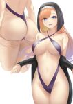  1girl ass bikini black_robe black_veil blue_eyes breasts character_request cowboy_shot fantasy_bishoujo_juniku_ojisan_to highres large_breasts long_hair looking_at_viewer mari_(doraerin0) multiple_views nun orange_hair purple_swimsuit simple_background sling_bikini_top slingshot_swimsuit swimsuit thong_bikini white_background 