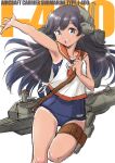  1girl background_text black_hair blue_swimsuit brown_eyes character_name commentary_request cowboy_shot fuji_(pixiv24804665) headgear highres i-400_(kancolle) kantai_collection long_hair looking_at_viewer machinery one-piece_tan open_mouth orange_sailor_collar sailor_collar sailor_shirt school_swimsuit shirt side-tie_shirt simple_background sleeveless sleeveless_shirt smile solo swimsuit swimsuit_under_clothes tan tanlines teeth upper_teeth white_background 