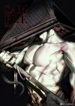  1boy abs bara blood bruise cloud_rad cuts dated from_side helmet highres holding holding_weapon injury large_pectorals male_focus muscular muscular_male navel nipples pectorals pyramid_head sample_watermark silent_hill_2 solo stomach topless_male upper_body weapon 