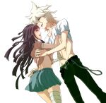  1boy 1girl :d bandaged_arm bandaged_leg bandages bangs belt black_belt chain clothes_lift danganronpa_(series) danganronpa_2:_goodbye_despair dosugon green_pants green_skirt hetero komaeda_nagito looking_at_viewer no_jacket open_pants pants pink_shirt pleated_skirt shirt shirt_lift skirt smile teeth tongue tongue_out tsumiki_mikan upper_teeth white_shirt 