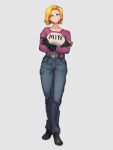  1girl android_17 android_17_(cosplay) android_18 belt black_footwear black_gloves black_pants blonde_hair blue_eyes brown_belt closed_mouth cosplay dragon_ball dragon_ball_super full_body gloves grey_background kemachiku long_sleeves looking_at_viewer pants shirt shoes short_hair simple_background solo standing 