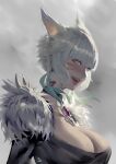  1girl alternate_breast_size animal_ears bangs blush breasts brooch cat_ears choker cleavage club3 day facial_mark feather_hair_ornament feathers final_fantasy final_fantasy_xiv fur_trim grey_eyes grey_hair hair_ornament highres jewelry large_breasts lips miqo&#039;te neck_tattoo open_mouth outdoors shiny shiny_hair short_hair slit_pupils smile solo tattoo upper_body whisker_markings wind y&#039;shtola_rhul 