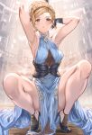  1girl aldehyde armpits arms_behind_head arms_up bangs bare_shoulders black_gloves blonde_hair blue_dress blush breasts brown_eyes djeeta_(granblue_fantasy) dress earrings gloves granblue_fantasy hairband high_heels highres jewelry large_breasts looking_at_viewer parted_lips pelvic_curtain short_hair short_ponytail solo spread_legs squatting underbust 