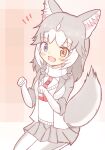  1girl :d animal_ear_fluff animal_ears bangs blue_eyes blush brown_background brown_eyes commentary_request dog_(mixed_breed)_(kemono_friends) dog_ears dog_girl dog_tail elbow_gloves eyebrows_visible_through_hair fang fur-trimmed_sleeves fur_trim gloves grey_hair grey_skirt heterochromia highres jacket kemono_friends looking_at_viewer multicolored_hair notice_lines open_clothes open_jacket pantyhose pleated_skirt short_sleeves sitting skirt smile solo sunanuko_(ramuneko) sweater tail turtleneck turtleneck_sweater two-tone_hair white_gloves white_hair white_jacket white_legwear white_sweater 