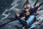  absurdres blue_eyes dragon enduring_sword_talon handle highres league_of_legends lor_baa petals smoke sword talon_(league_of_legends) weapon white_hair 