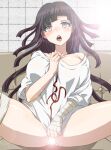  1girl bandaged_leg bandages bangs blush borrowed_garments breasts collarbone danganronpa_(series) danganronpa_2:_goodbye_despair dosugon large_breasts mole mole_under_eye open_mouth panties print_shirt shirt short_sleeves solo spread_legs teeth tile_wall tiles tongue tsumiki_mikan underwear upper_teeth white_shirt 